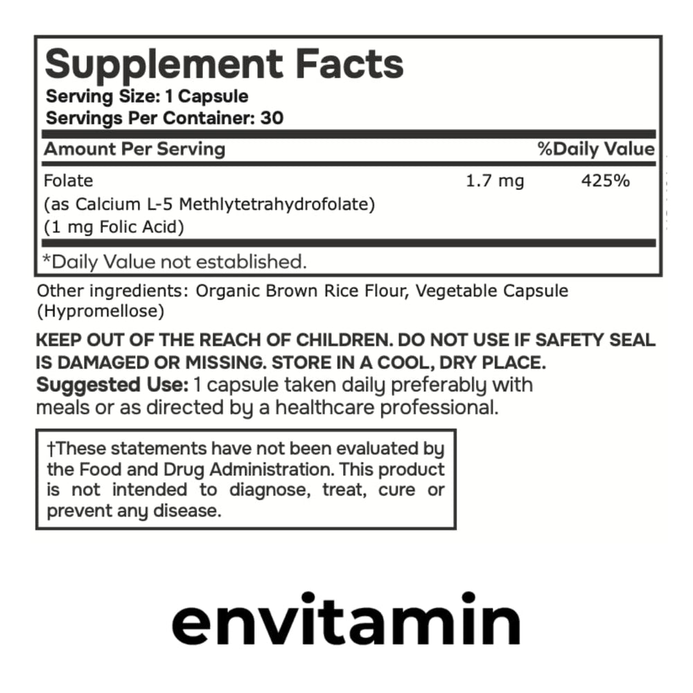 Envitamin 5-MTHF capsules closeup illustrating high-absorption supplement for daily use.