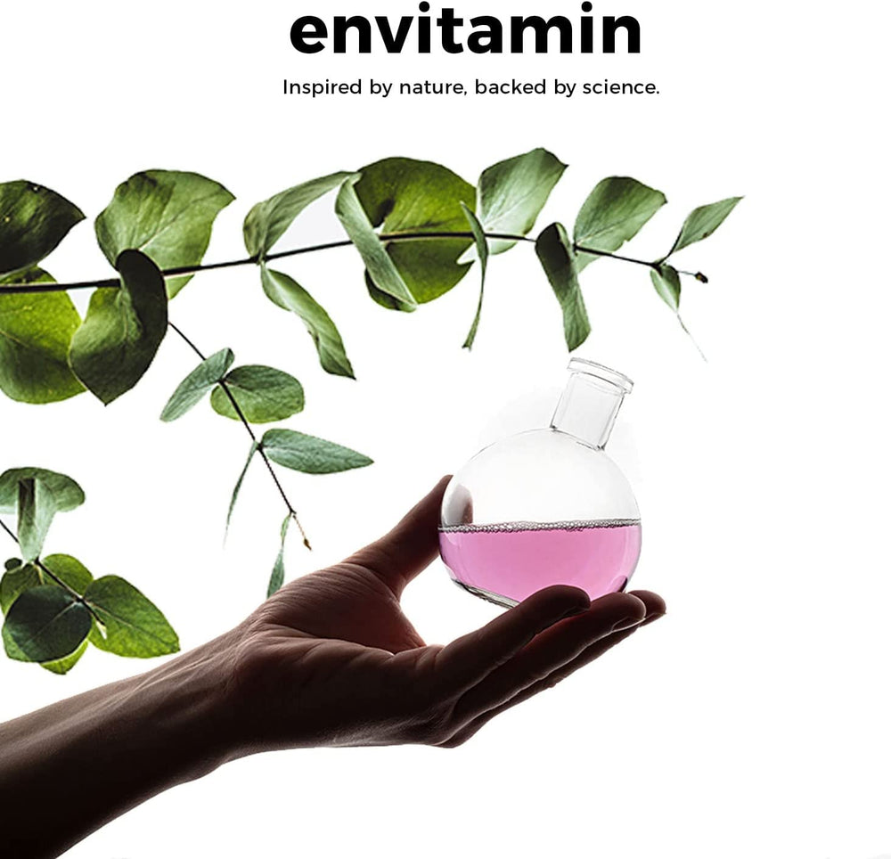 envitamin bottle beside morning routine with water, easy daily use