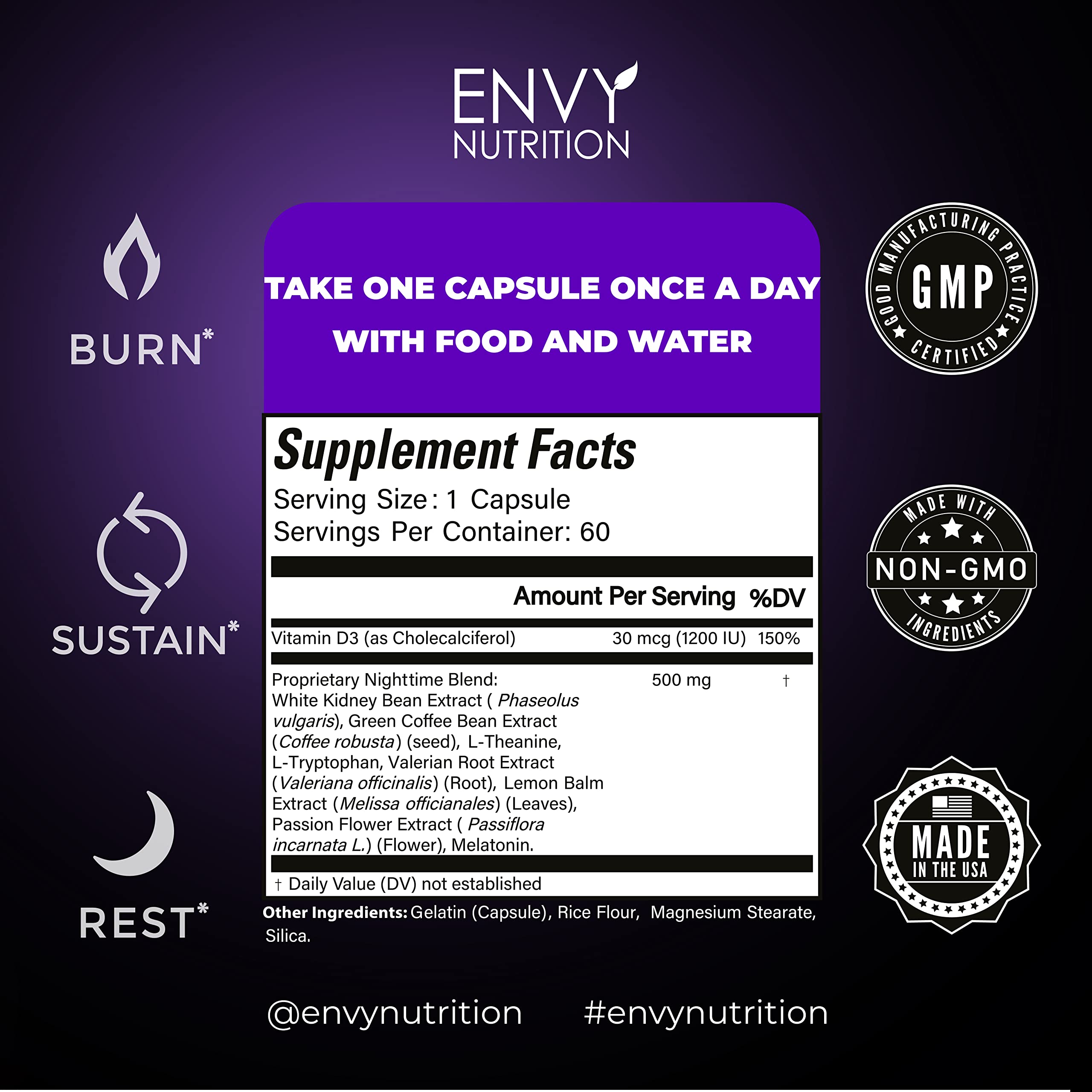 Envy Nutrition Night Time Fat Burner capsules close-up for easy nightly routine
