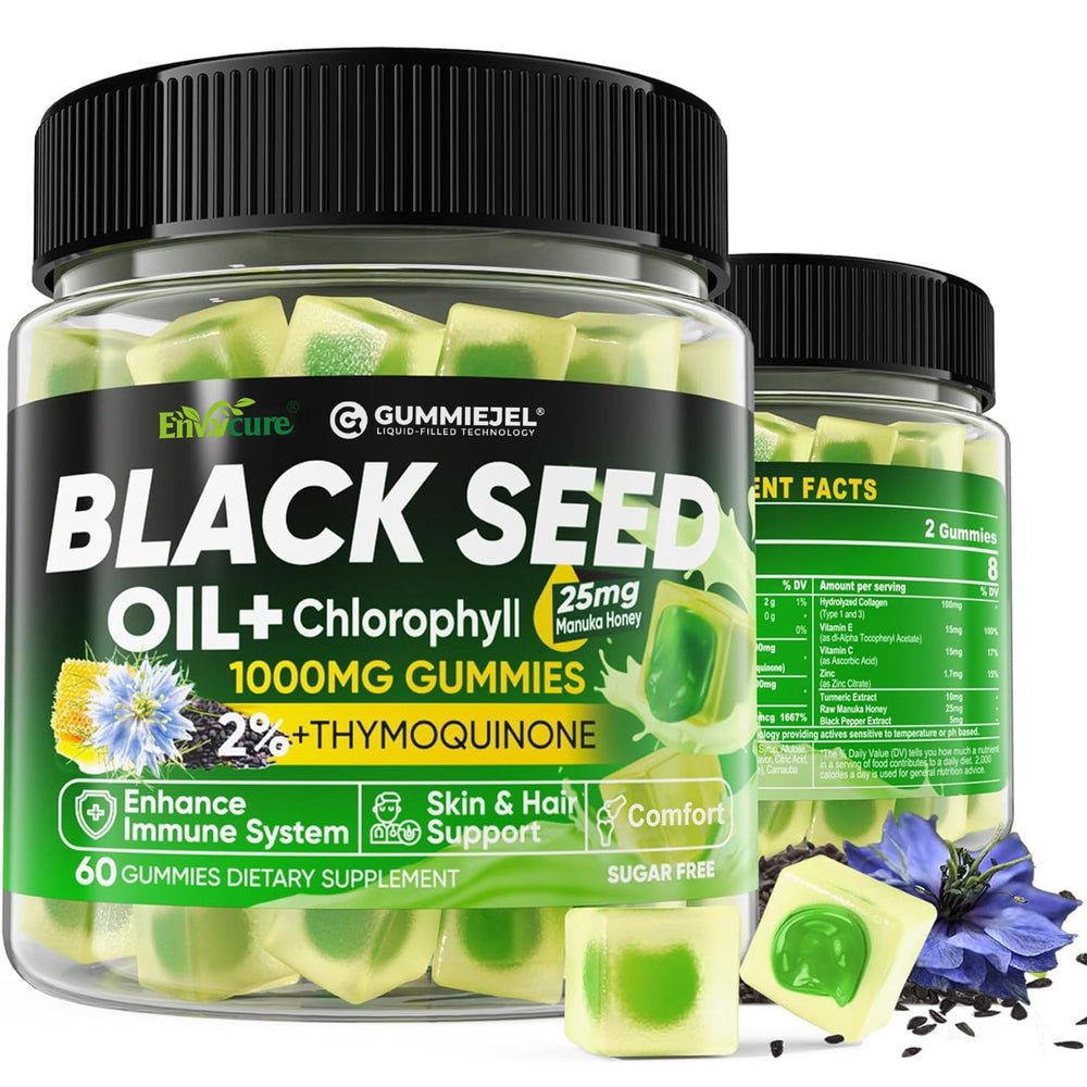 EnvyCure Black Seed Oil Gummies bottle highlighting flavor and daily skin support.