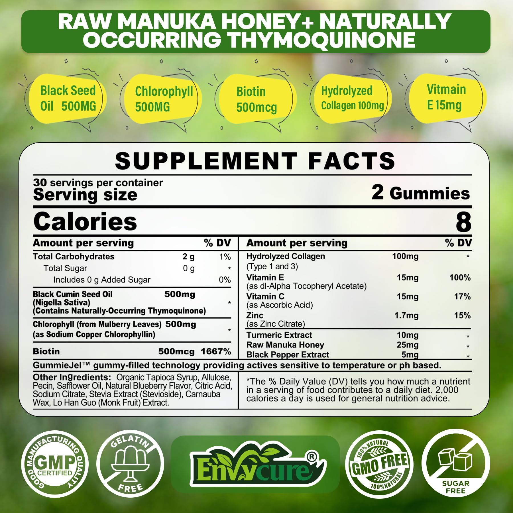 EnvyCure Chlorophyll Gummies pack displaying vibrant greens for refreshing wellness.