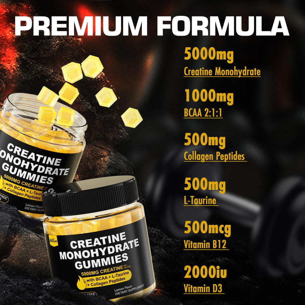 EnvyCure Creatine Monohydrate Gummies ingredient label highlights BCAA and collagen peptides.