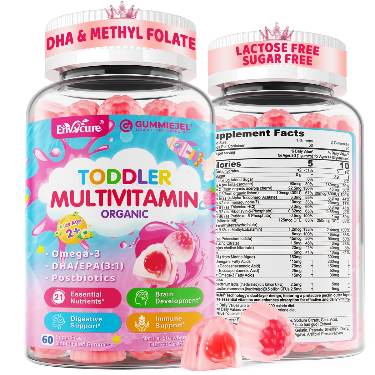 EnvyCure toddler multivitamin gummies jar showing 21 essential nutrients for growing kids.