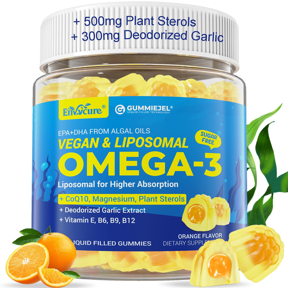 EnvyCure Vegan Omega-3 Gummies bottle highlights algae-derived EPA and DHA for heart and brain support.
