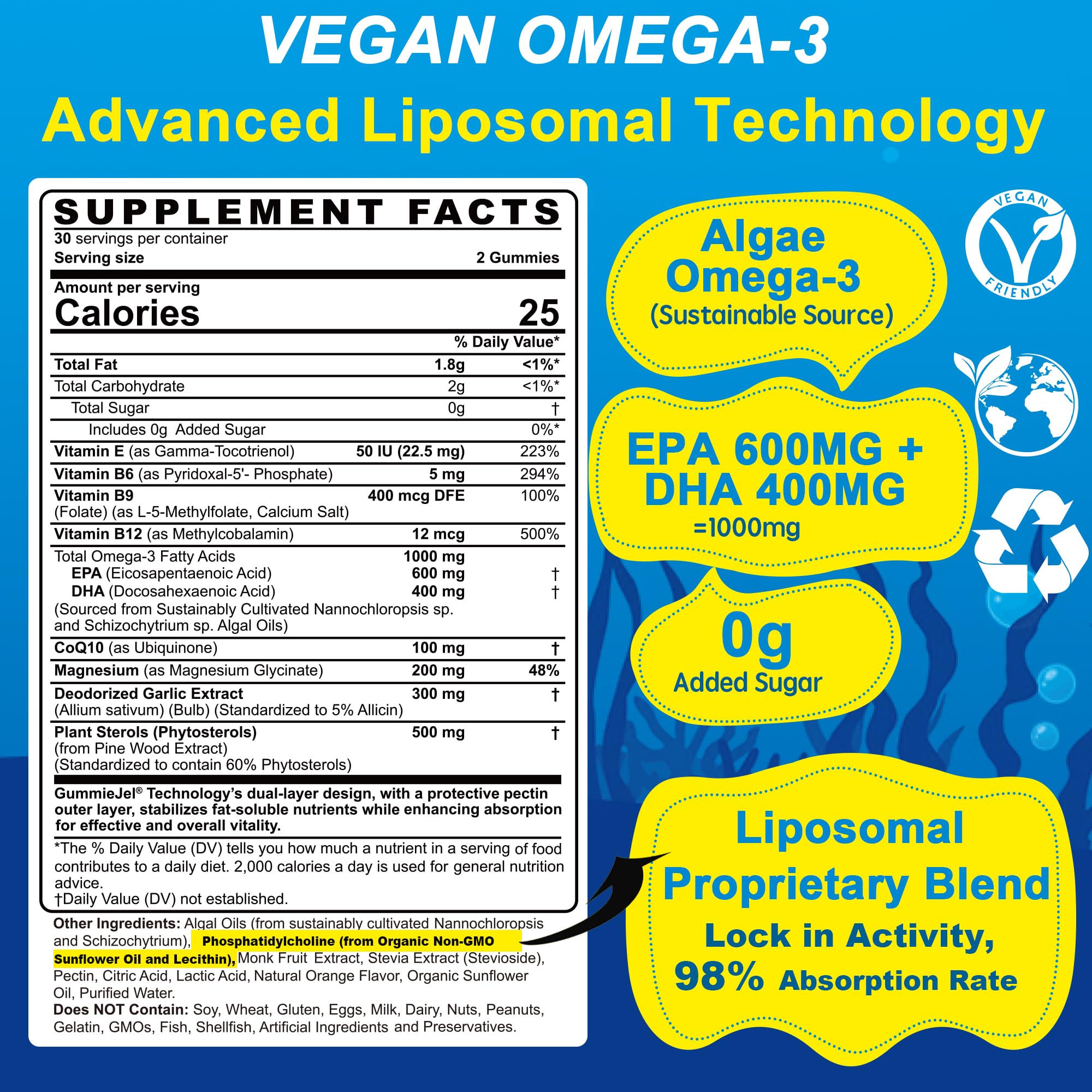 EnvyCure vegan omega-3 gummies closeup emphasizes tasty bite and sugar-free formula.