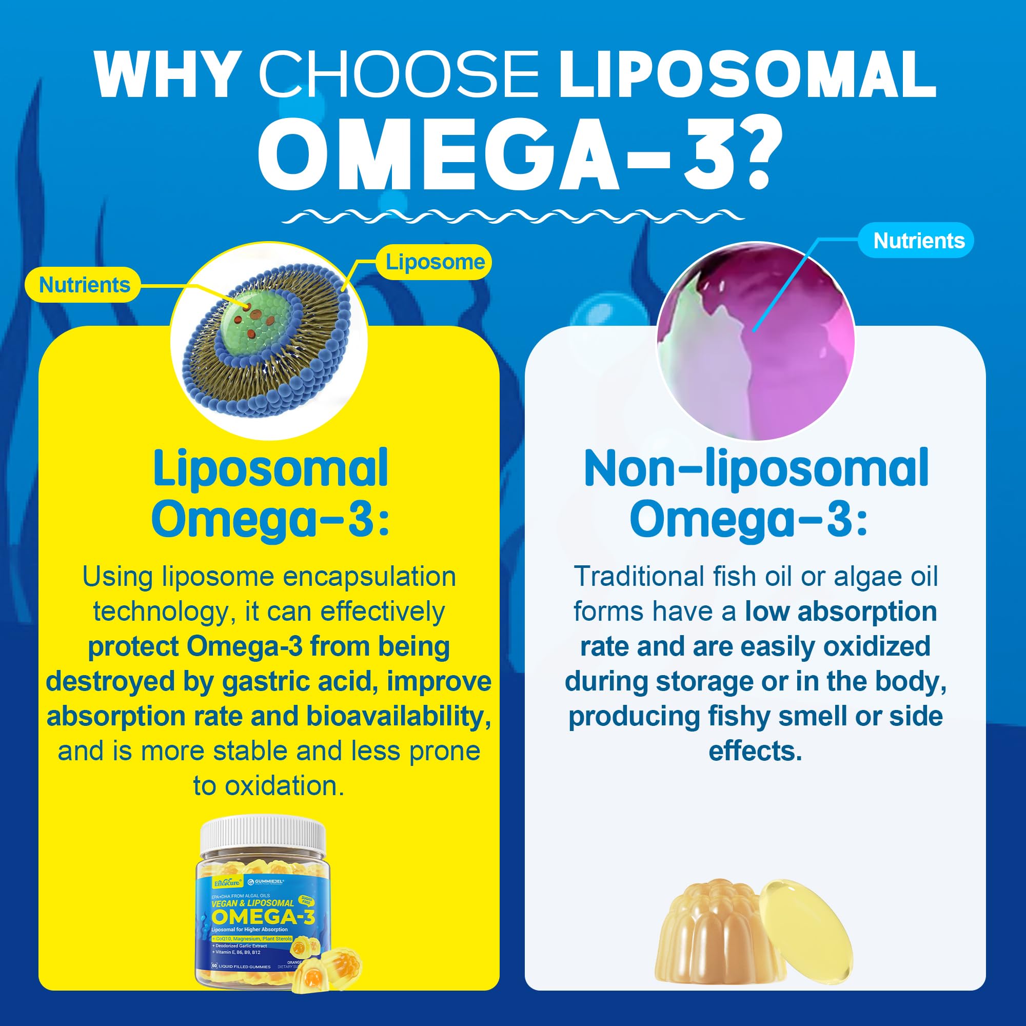 EnvyCure omega-3 label image shows liposomal technology for improved absorption.