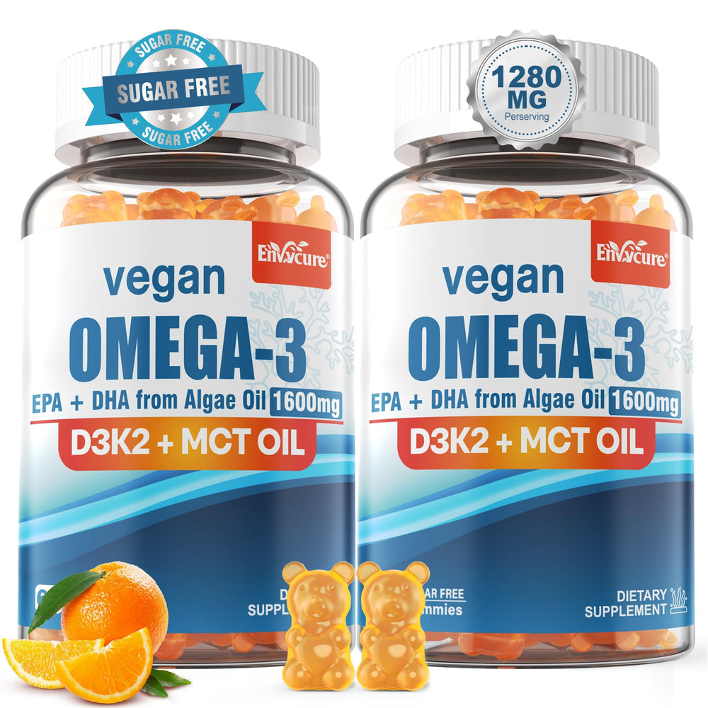 EnvyCure Vegan Omega 3 Gummies bottle showing algae-based EPA and DHA for daily use