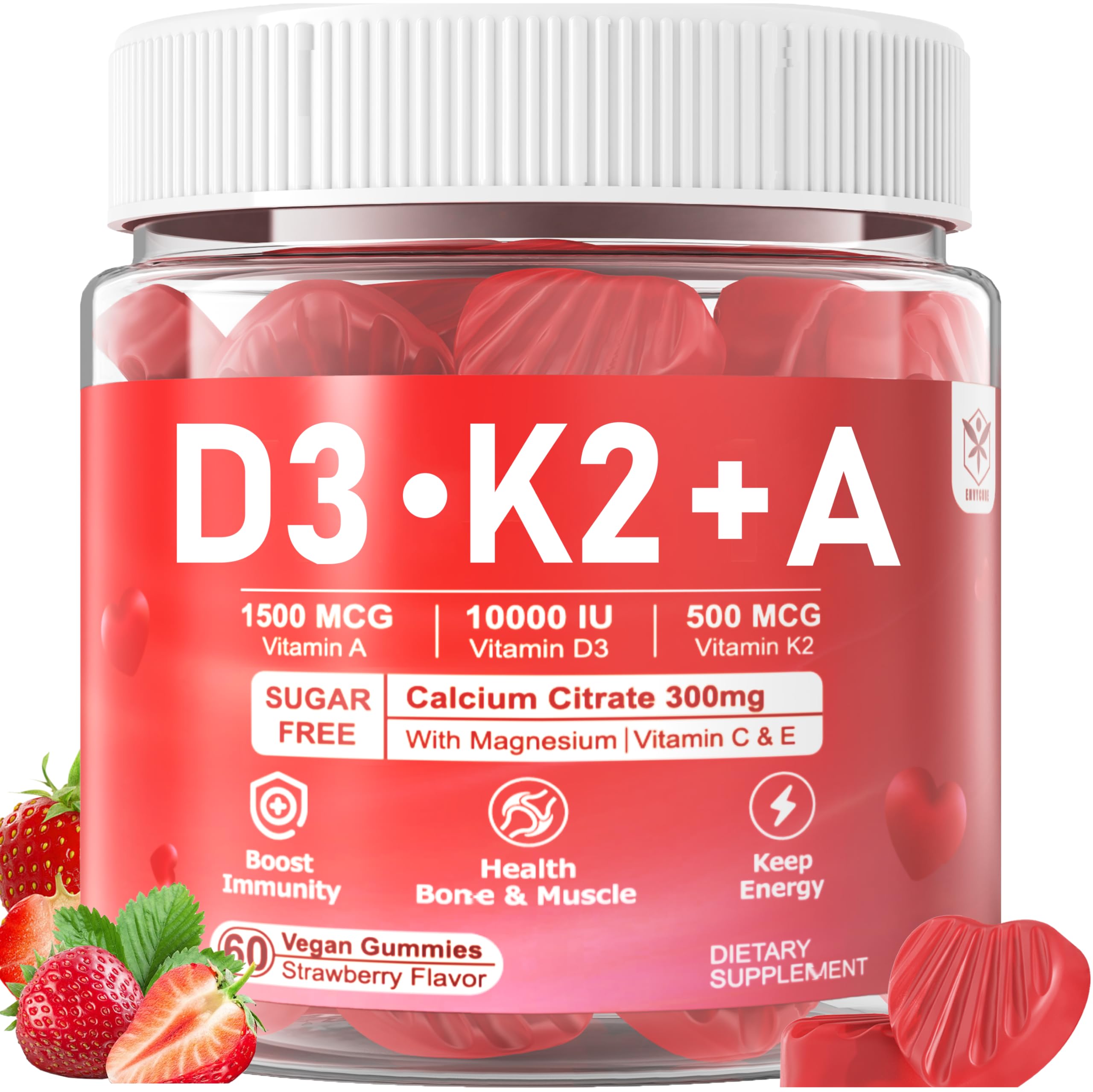 EnvCure Vitamin D3 K2 A Gummies bottle front highlighting high-dose bone-support formula.