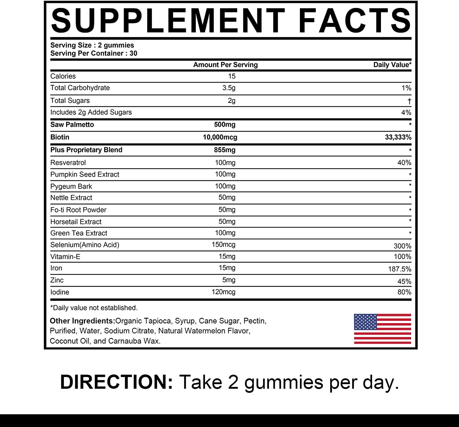 EnvyDeal DHT Blocker Gummies label showcases vegan, non-GMO hair ingredients.