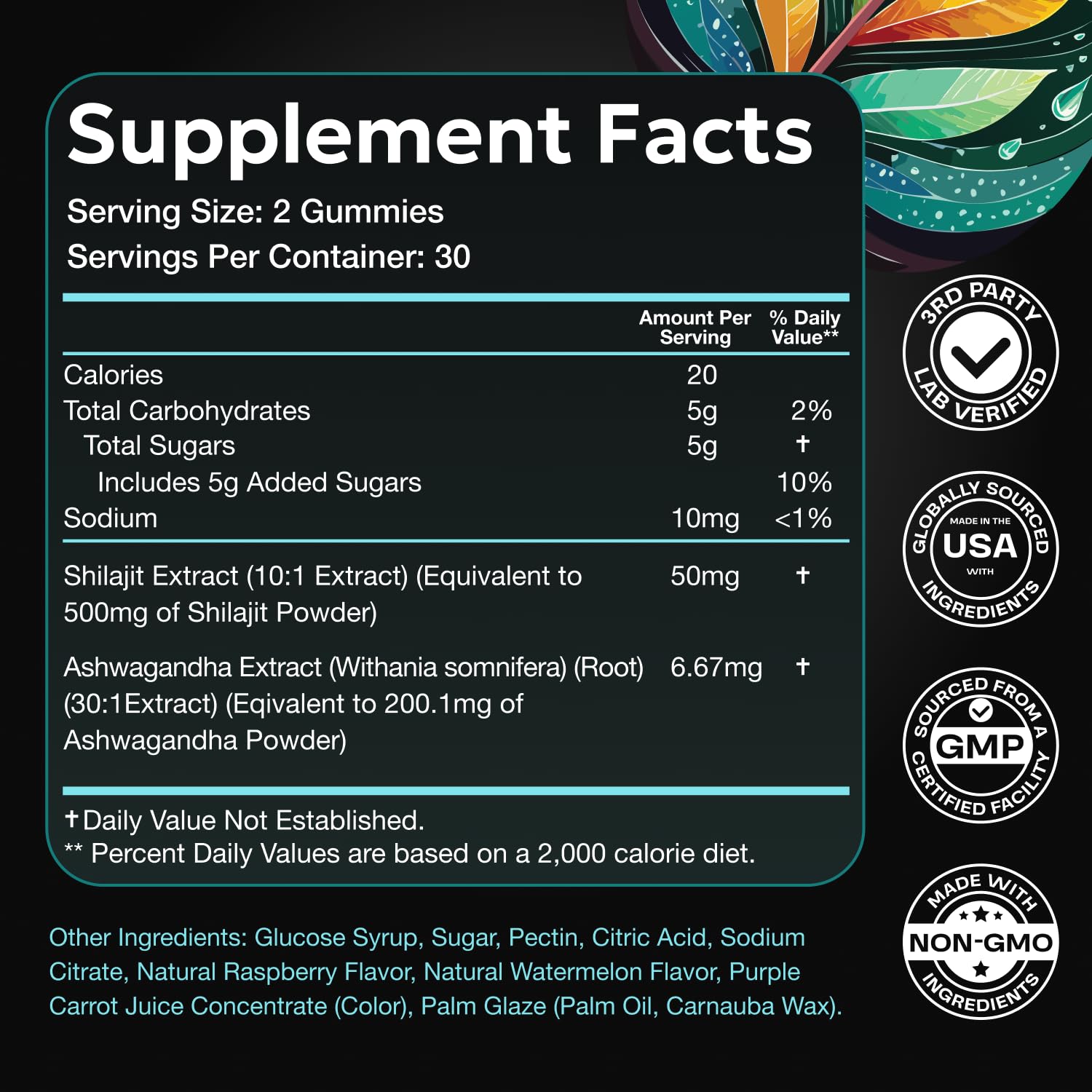 Enyvia gummies closeup with shilajit and ashwagandha ingredients.