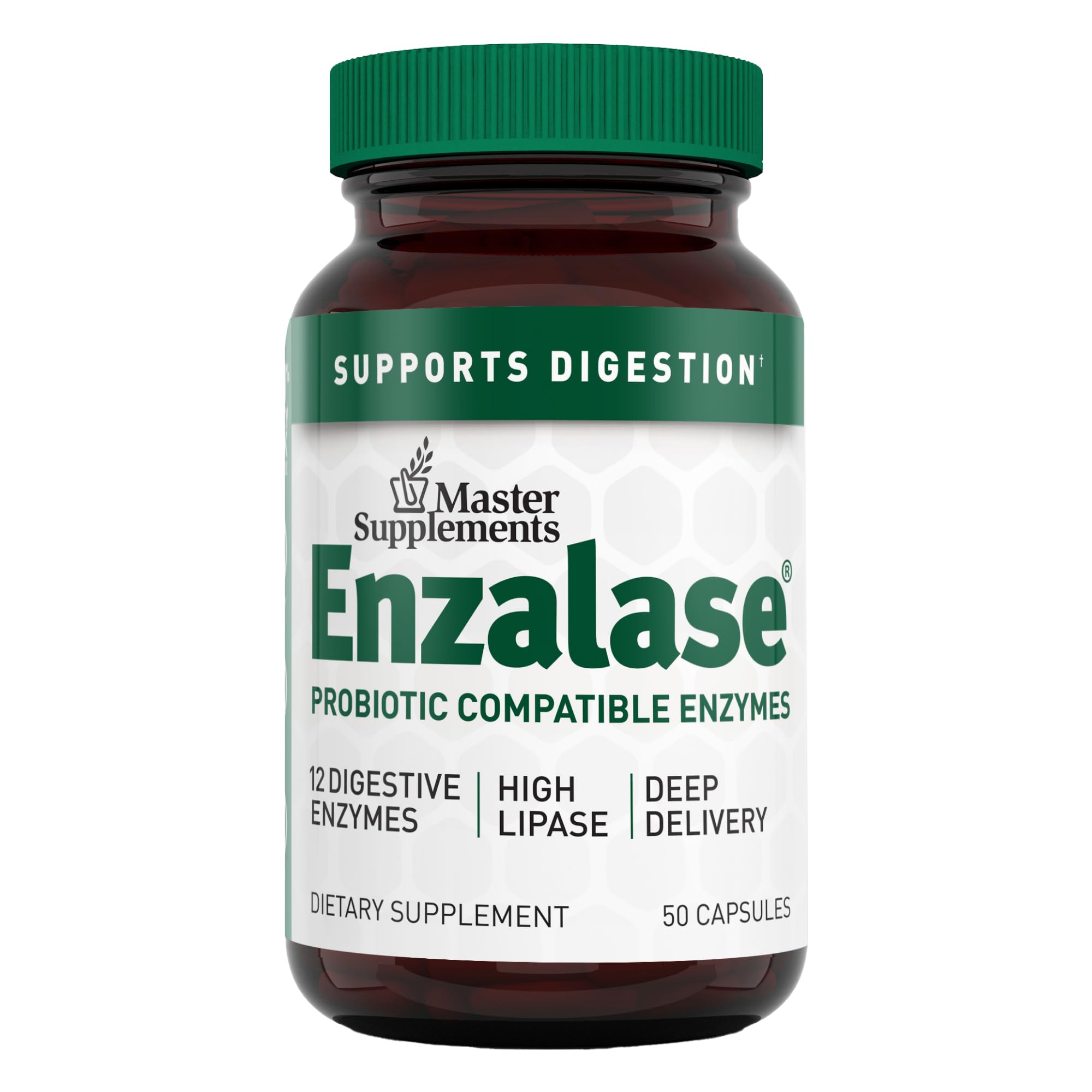 ENZALASE bottle showing 12 enzymes for daily digestion