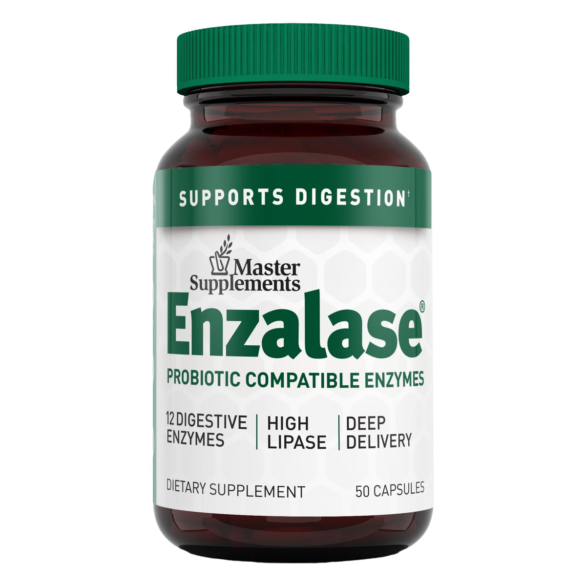 ENZALASE bottle showing 12 enzymes for daily digestion