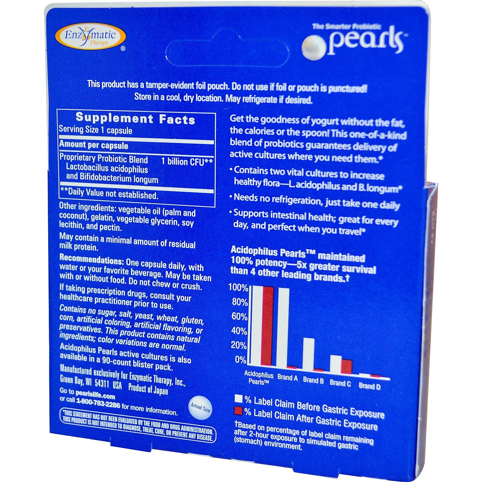 Enzymatic Therapy Acidophilus Pearls capsules for easy daily probiotic use.