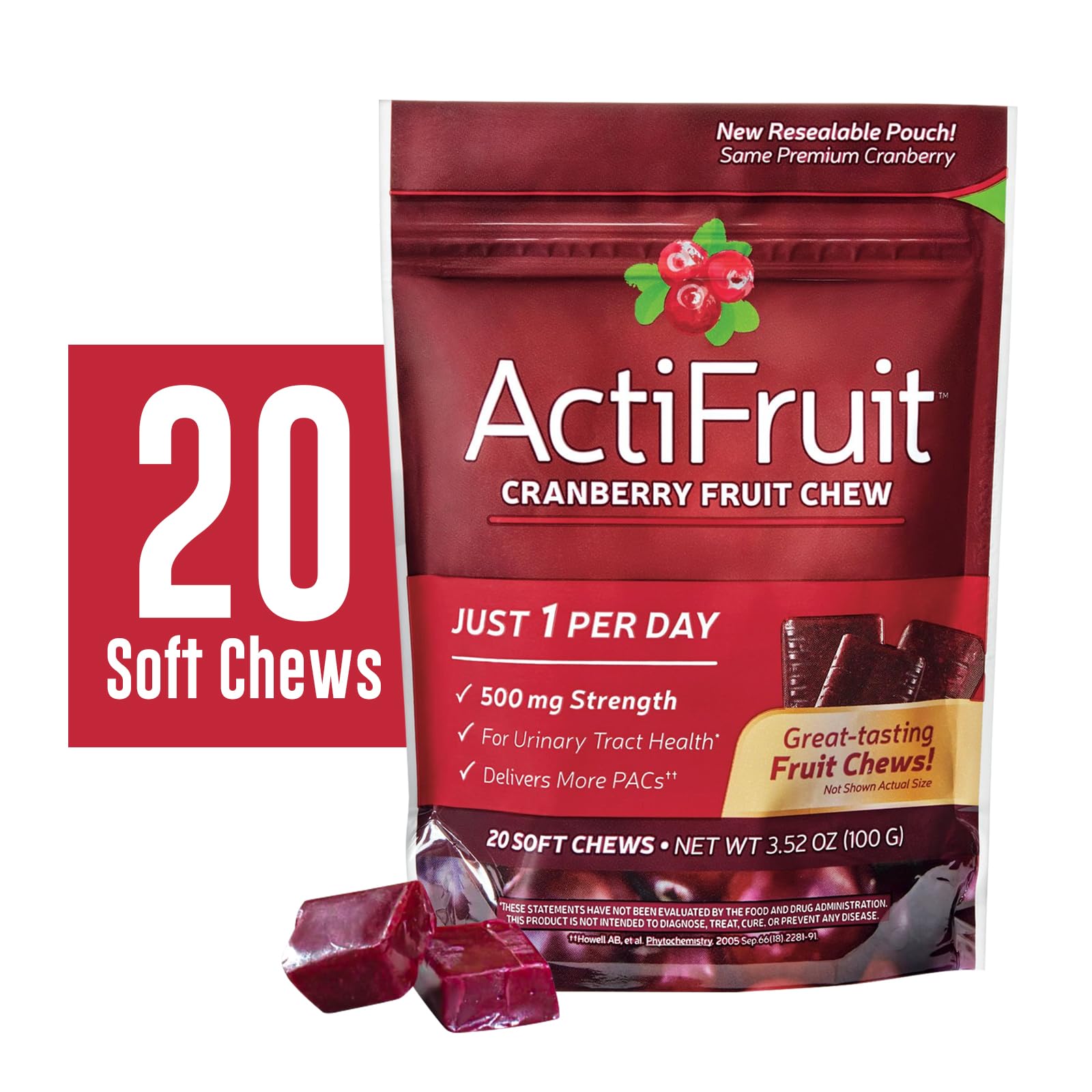 ActiFruit 20 bottle closeup highlights chewy texture and flavor.