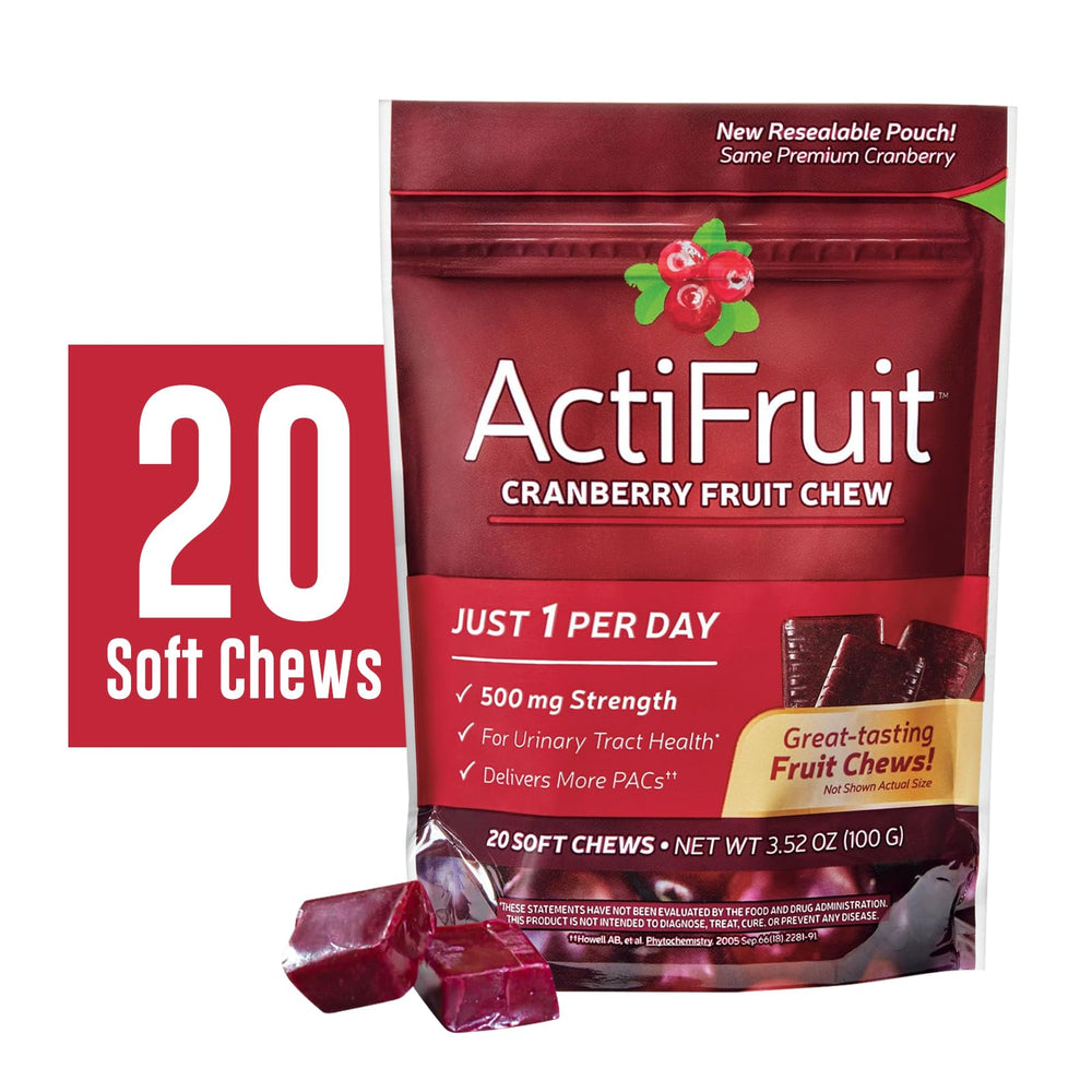 ActiFruit 20 bottle closeup highlights chewy texture and flavor.