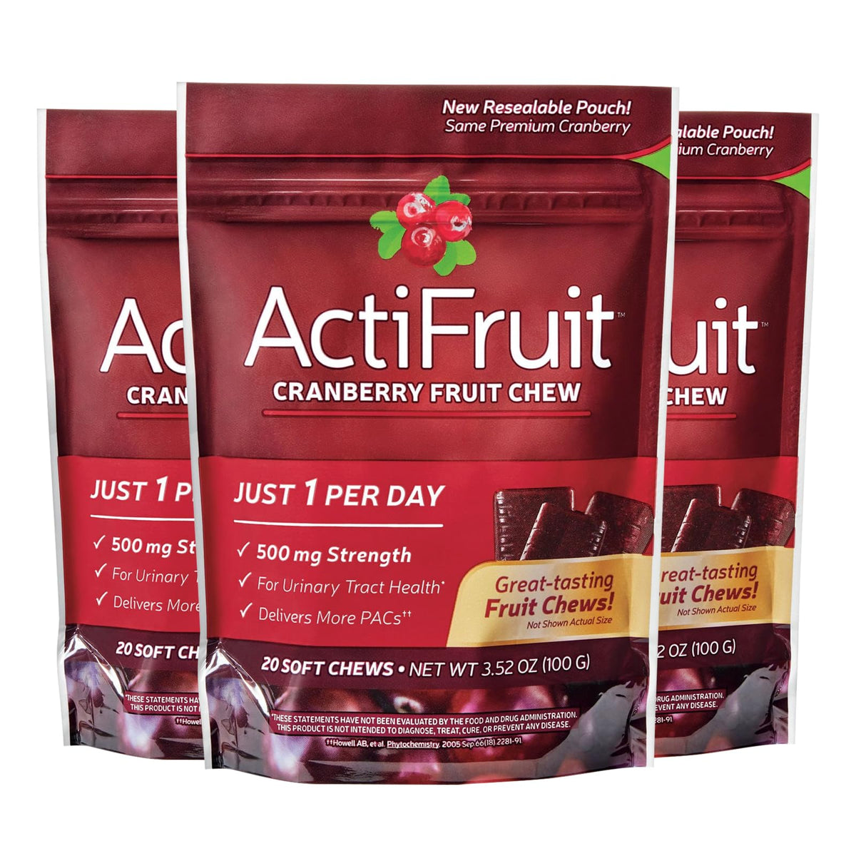 ActiFruit 20 bottle front shows convenient daily cranberry chews.