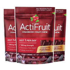 ActiFruit 20 bottle front shows convenient daily cranberry chews.