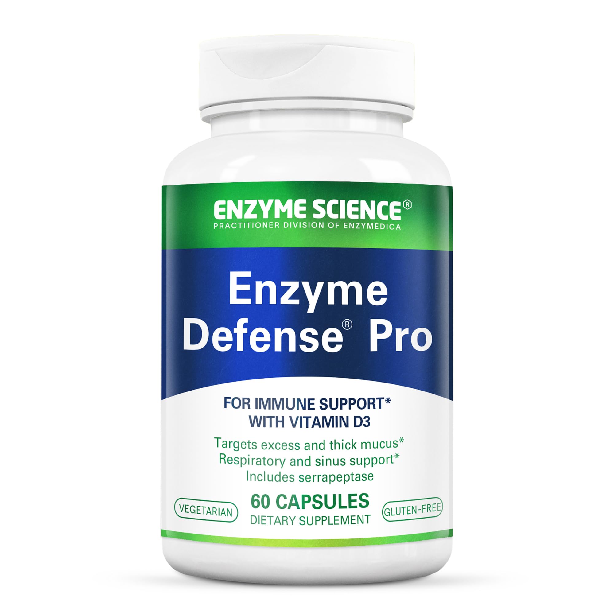 Enzyme Defense Pro bottle front shows bold branding and high potency design for immune support
