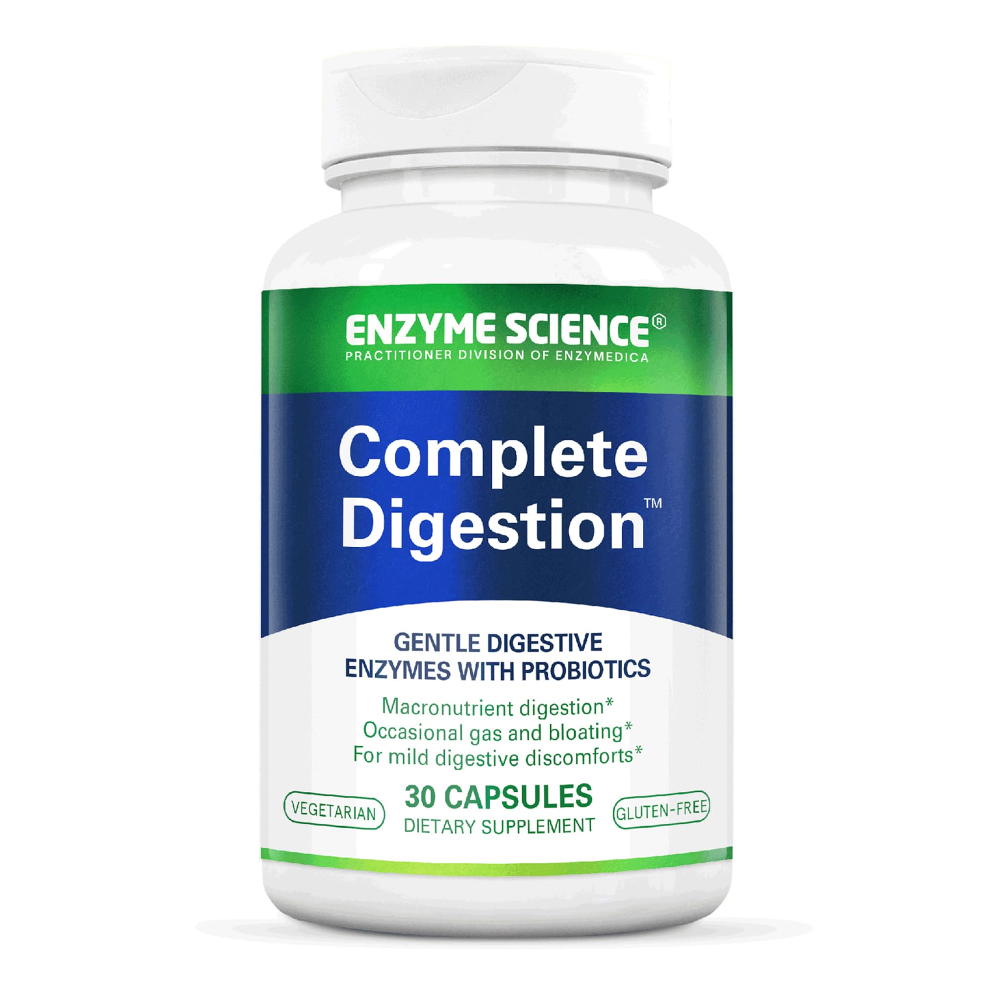 Enzyme Science Complete Digestion capsule close-up shows gentle digestive enzyme blend for comfort.