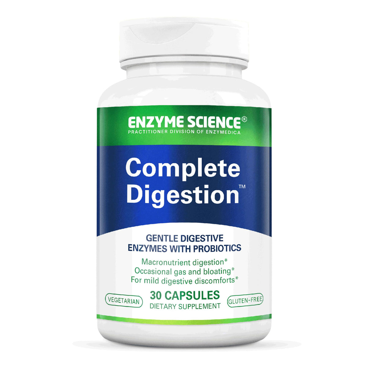 Enzyme Science Complete Digestion capsule close-up shows gentle digestive enzyme blend for comfort.