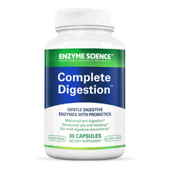 Enzyme Science Complete Digestion capsule close-up shows gentle digestive enzyme blend for comfort.