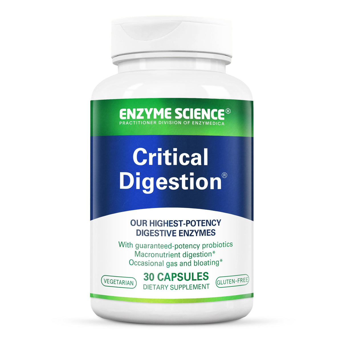Enzyme Science Critical Digestion bottle front view highlighting high-potency digestive support.