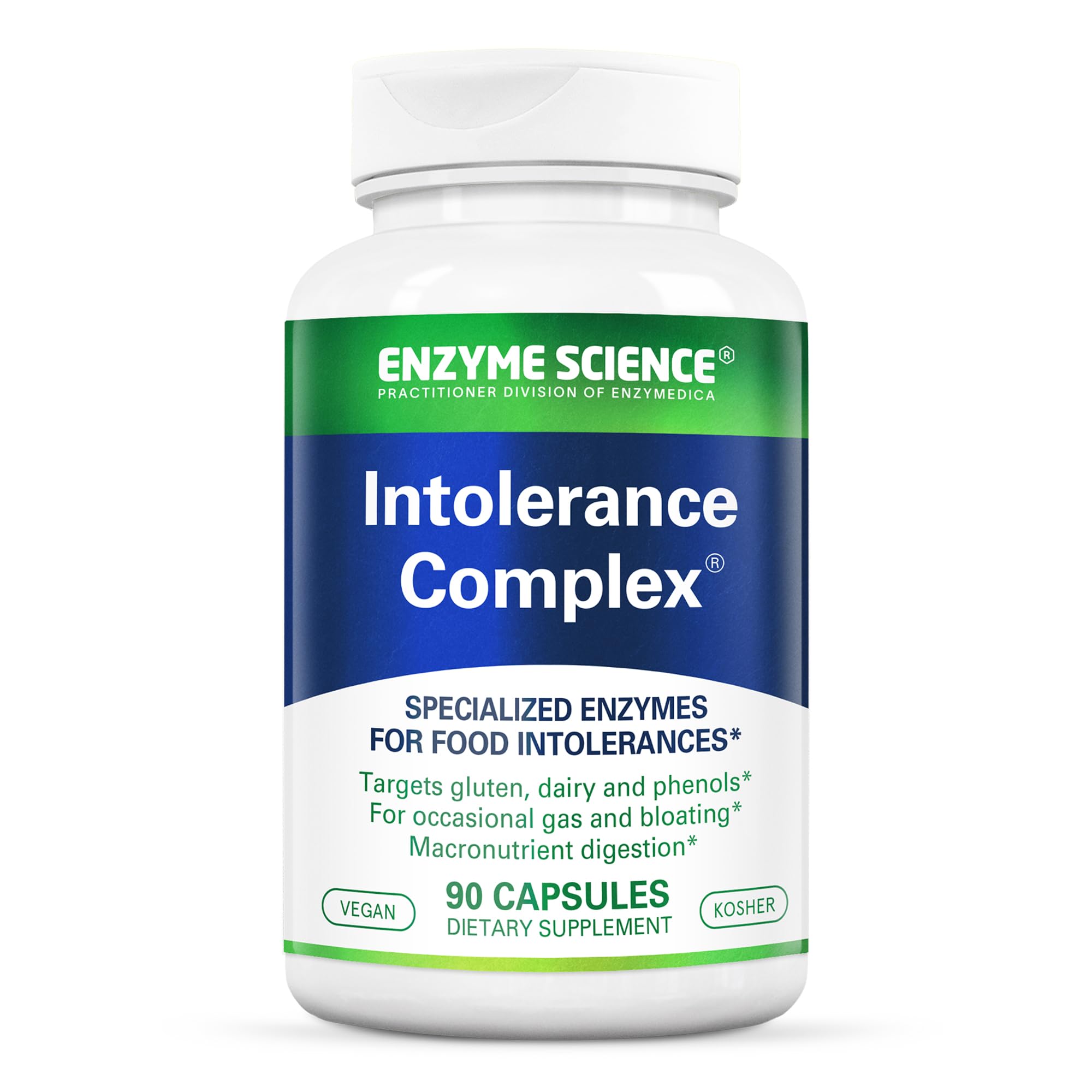 Enzyme Science Intolerance Complex bottle shows high-potency enzymes for sensitive diets supporting digestion.