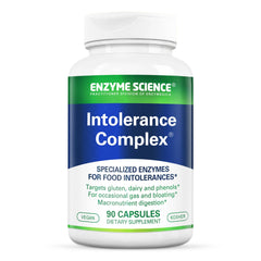 Enzyme Science Intolerance Complex bottle shows high-potency enzymes for sensitive diets supporting digestion.