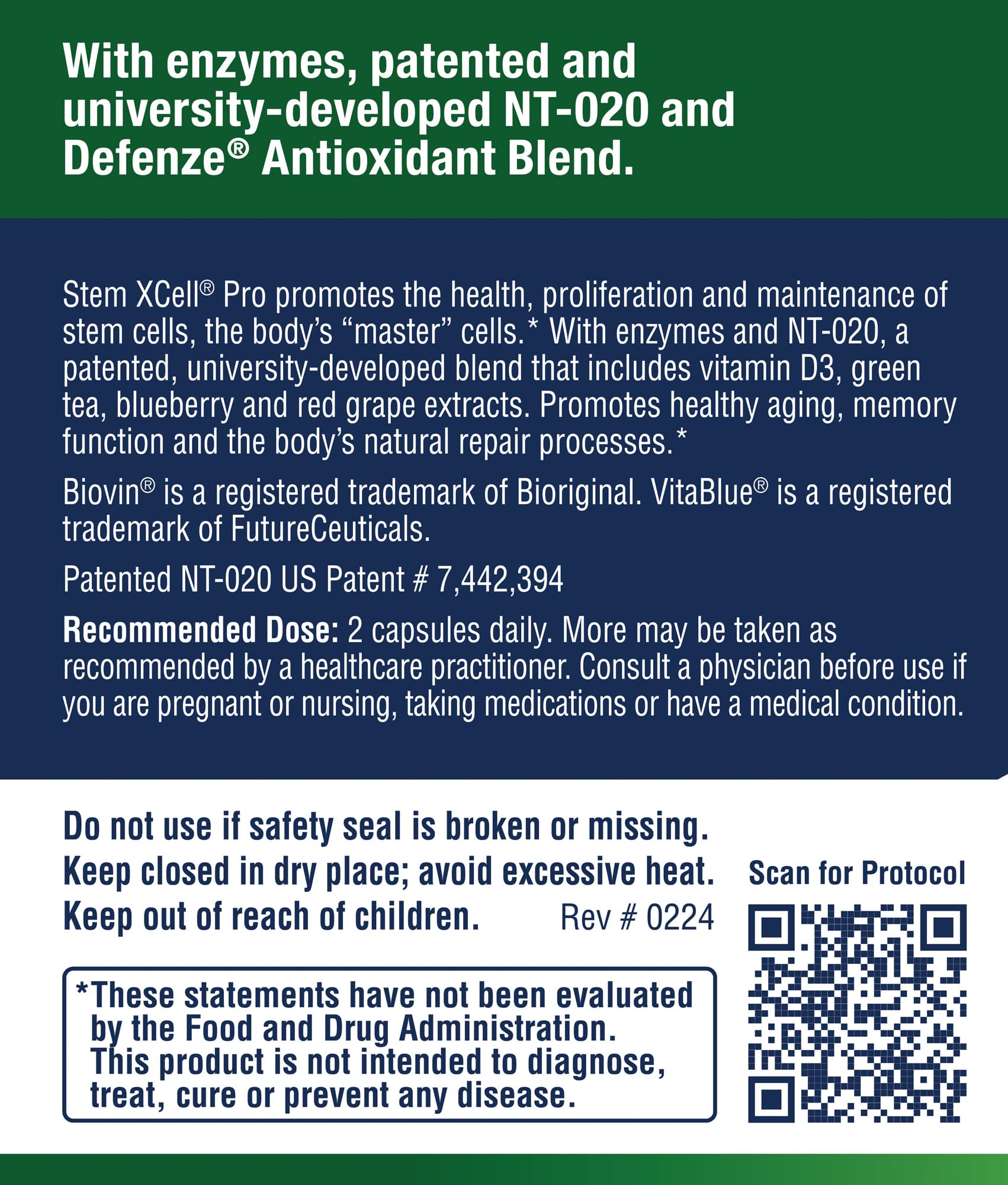 Product label design for Stem XCell Pro highlights NT-020 blend and enzyme support.