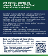 Product label design for Stem XCell Pro highlights NT-020 blend and enzyme support.