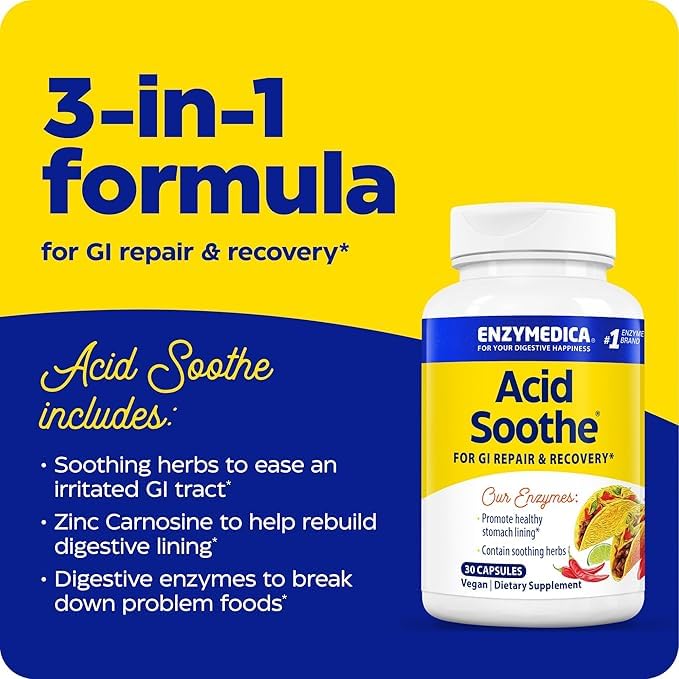 Enzymedica Acid Soothe capsule closeup shows simple one-capsule-per-meal dosing