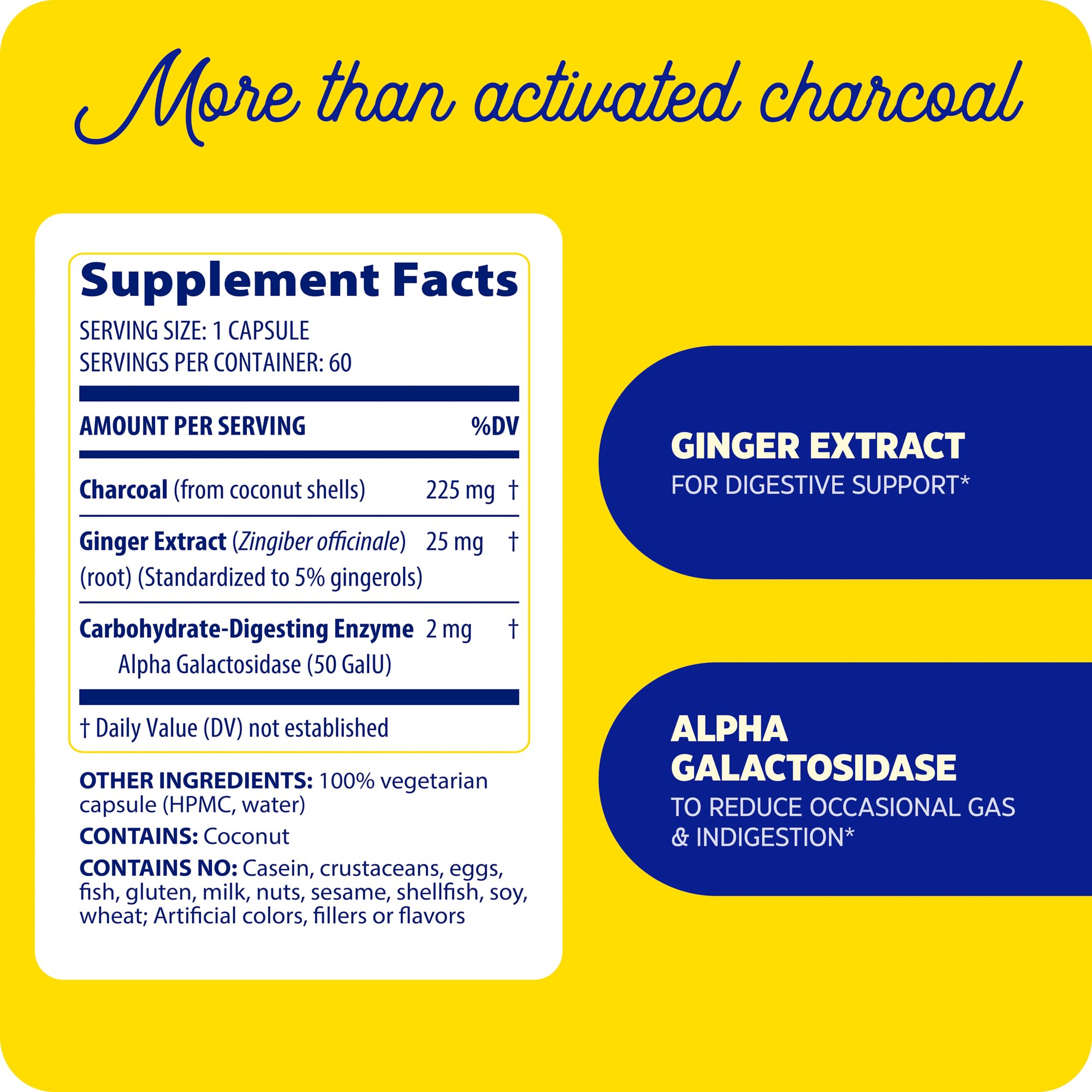 Enzymedica Activated Charcoal with alpha galactosidase supports gas-friendly digestion.