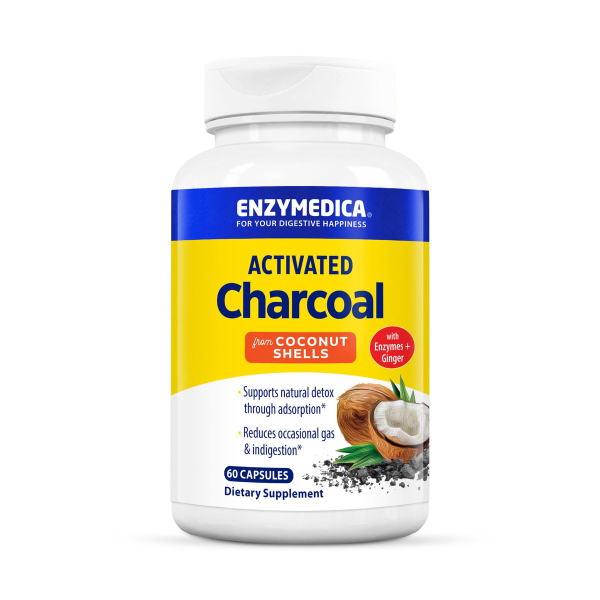 Enzymedica Activated Charcoal bottle pour for easy dosing supporting occasional gas.