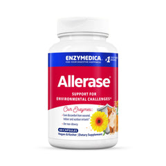 Enzymedica Allerase bottle front view showing non-drowsy mucus relief option.