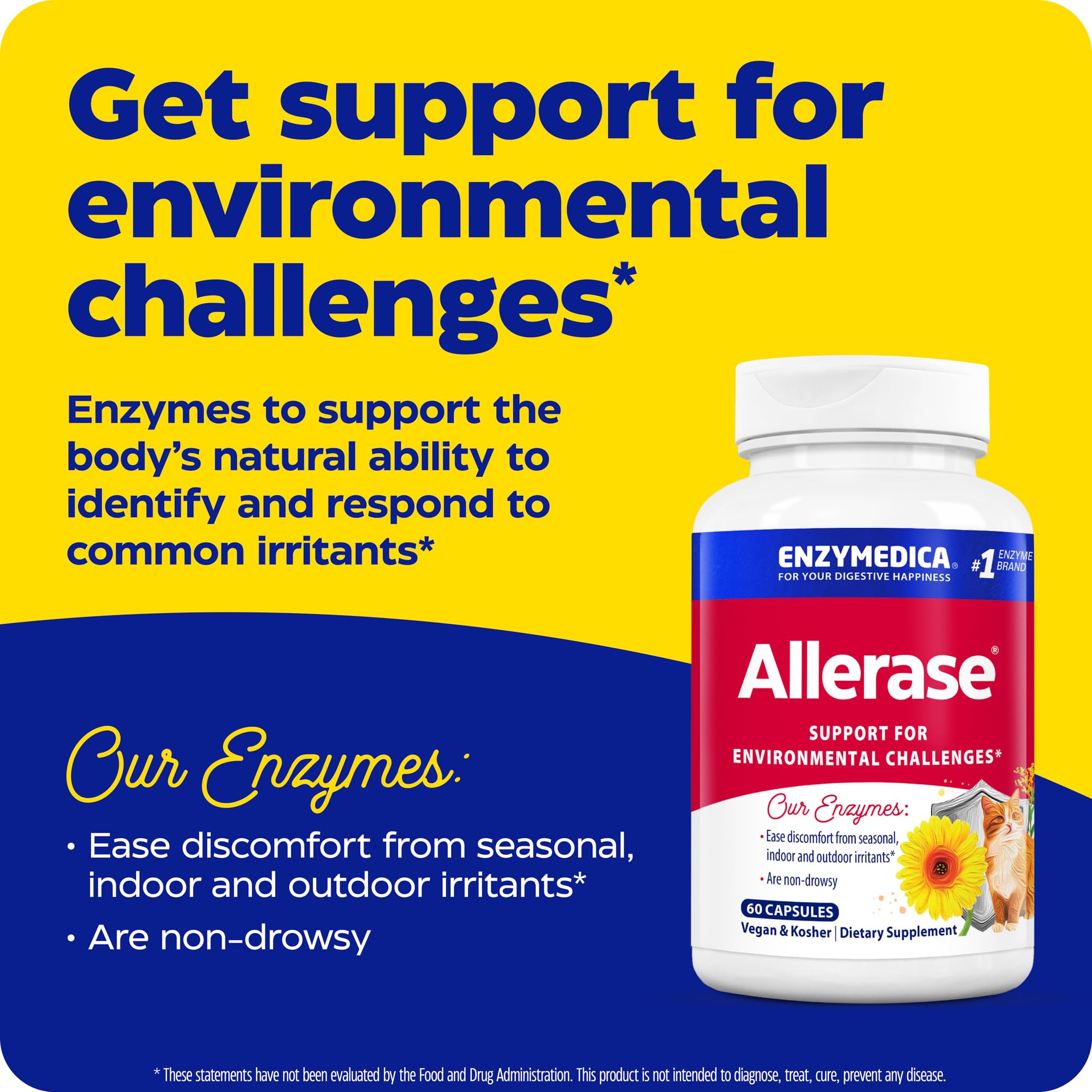 Enzymedica Allerase packaging label emphasizing seasonal mucus support.
