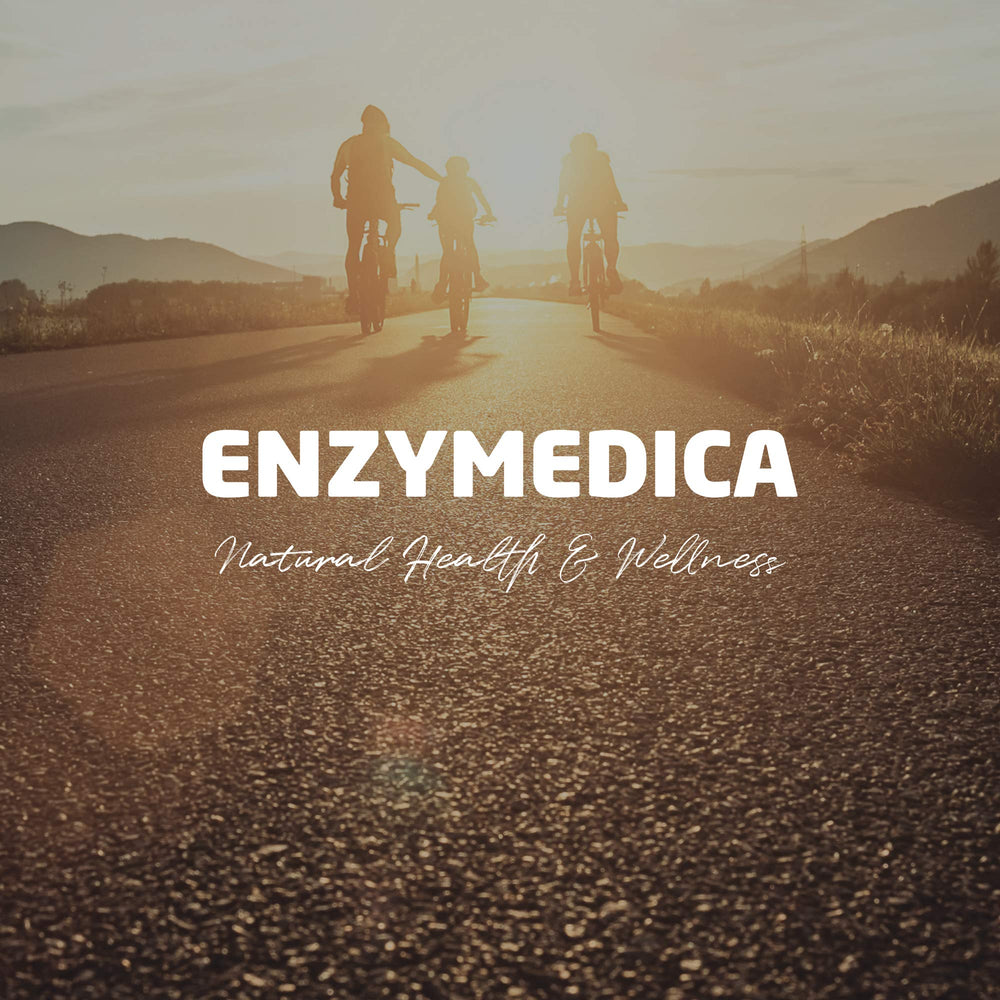 Enzymedica bottle beside glass signaling natural ingredients and wellness