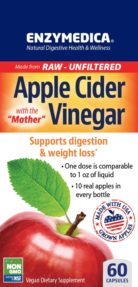 Enzymedica Apple Cider Vinegar capsules deliver a convenient two-capsule dose.