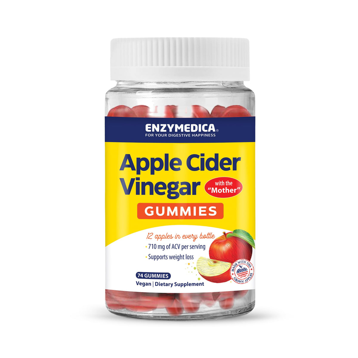 Enzymedica Apple Cider Vinegar Gummies bottle showing The Mother for potential digestive support.
