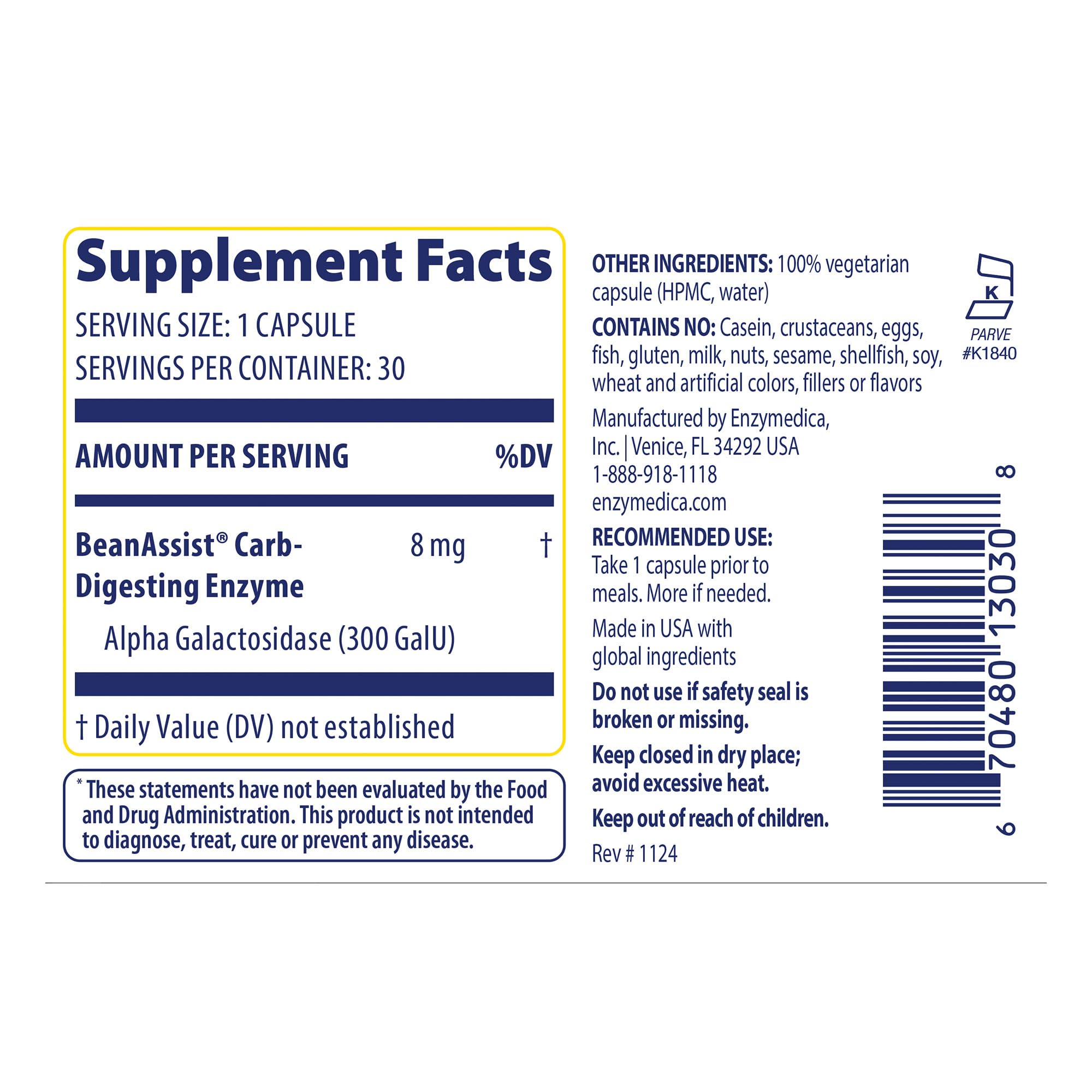 BeanAssist capsule close-up showing fast-acting enzyme for gas relief.