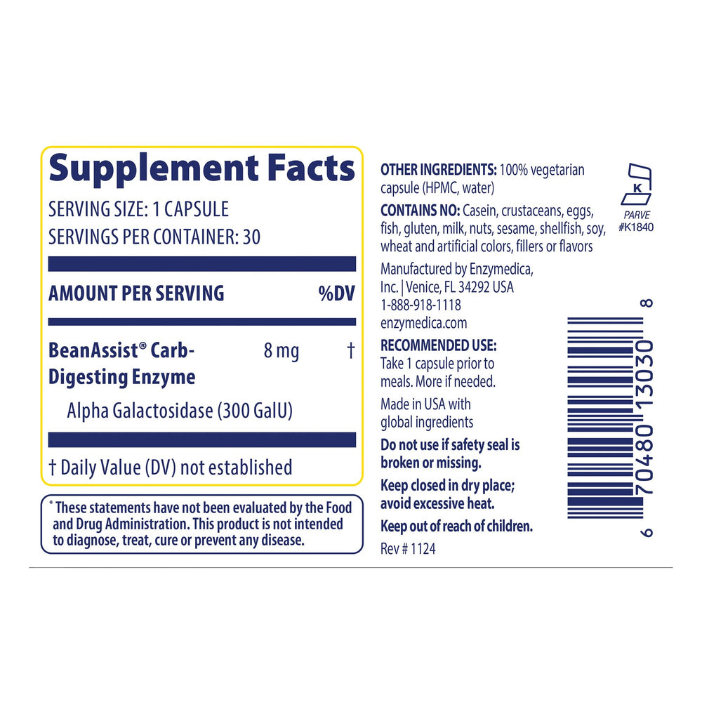 BeanAssist capsule close-up showing fast-acting enzyme for gas relief.