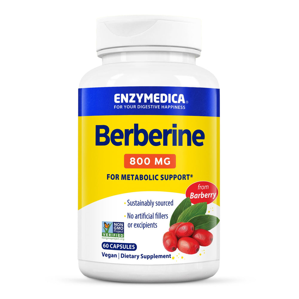 Enzymedica Berberine 800 mg bottle front shows packaging for easy metabolic support.