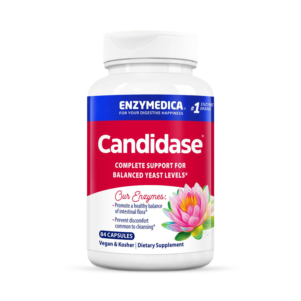 Enzymedica Candidase bottle label showing vegan and allergen-free features for gut support