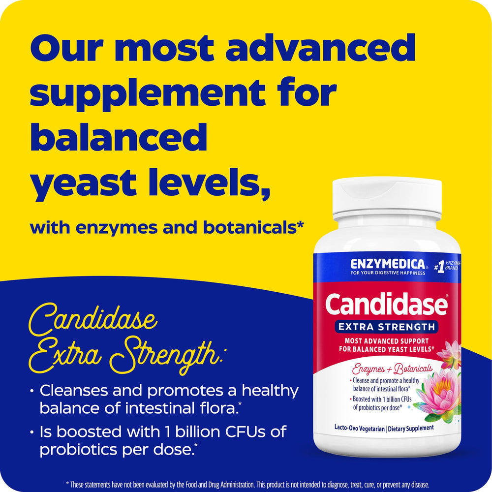 Enzymedica Candidase capsules close-up highlighting easy-to-swallow capsules for balanced yeast levels