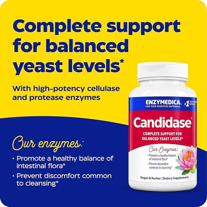 Enzymedica Candidase capsules close-up highlighting dual enzyme blend for gentle cleansing.