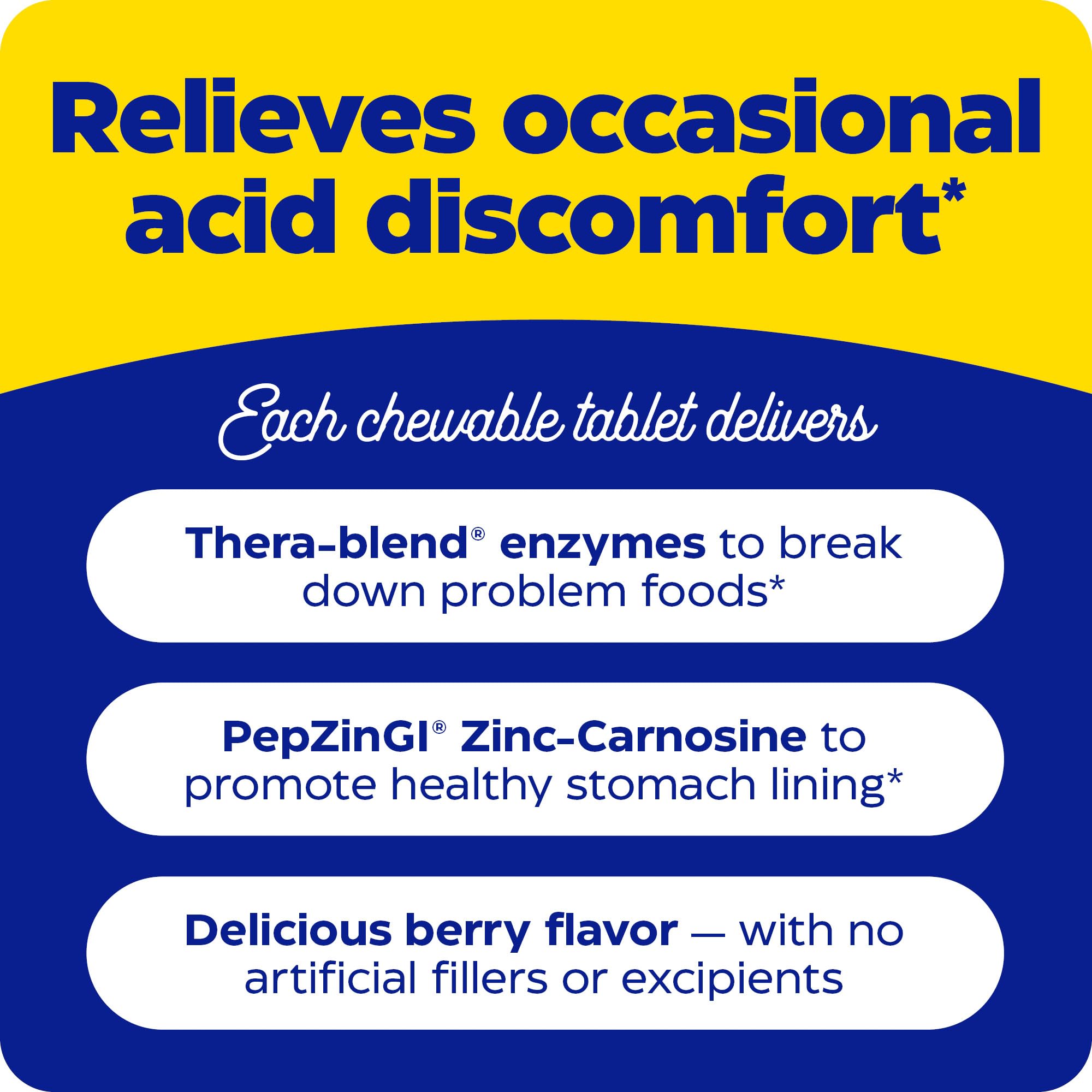 Enzymedica Acid Soothe ingredients highlight Thera-blend enzymes for sustained potency.
