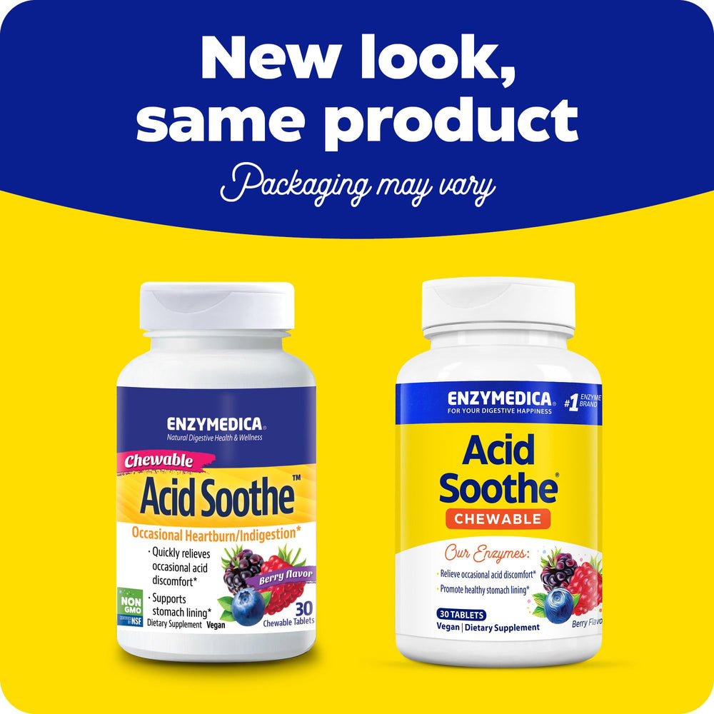 Enzymedica Chewable Acid Soothe tablet close-up; fast-acting digestive support after meals.