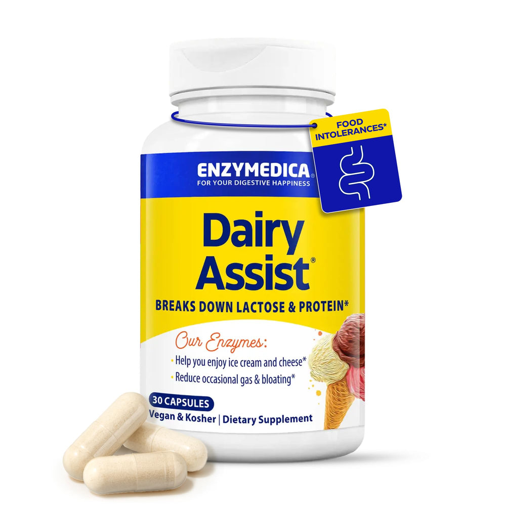 Enzymedica DairyAssist bottle front supports dairy digestion after meals