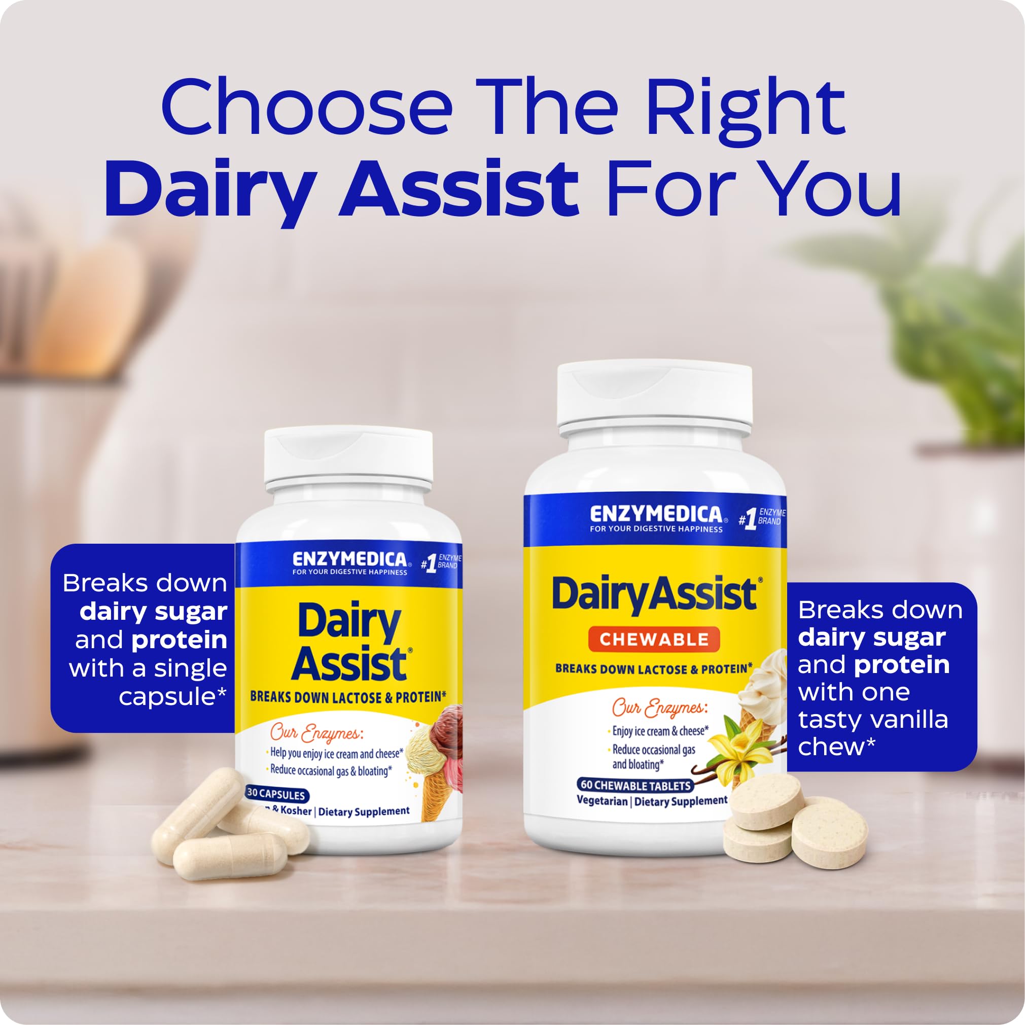 Enzymedica DairyAssist capsules beside milk suggest digestion relief