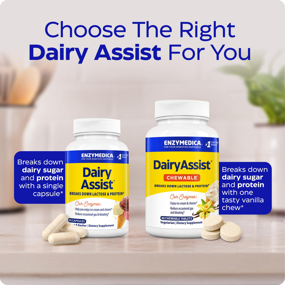Enzymedica DairyAssist capsules beside milk suggest digestion relief