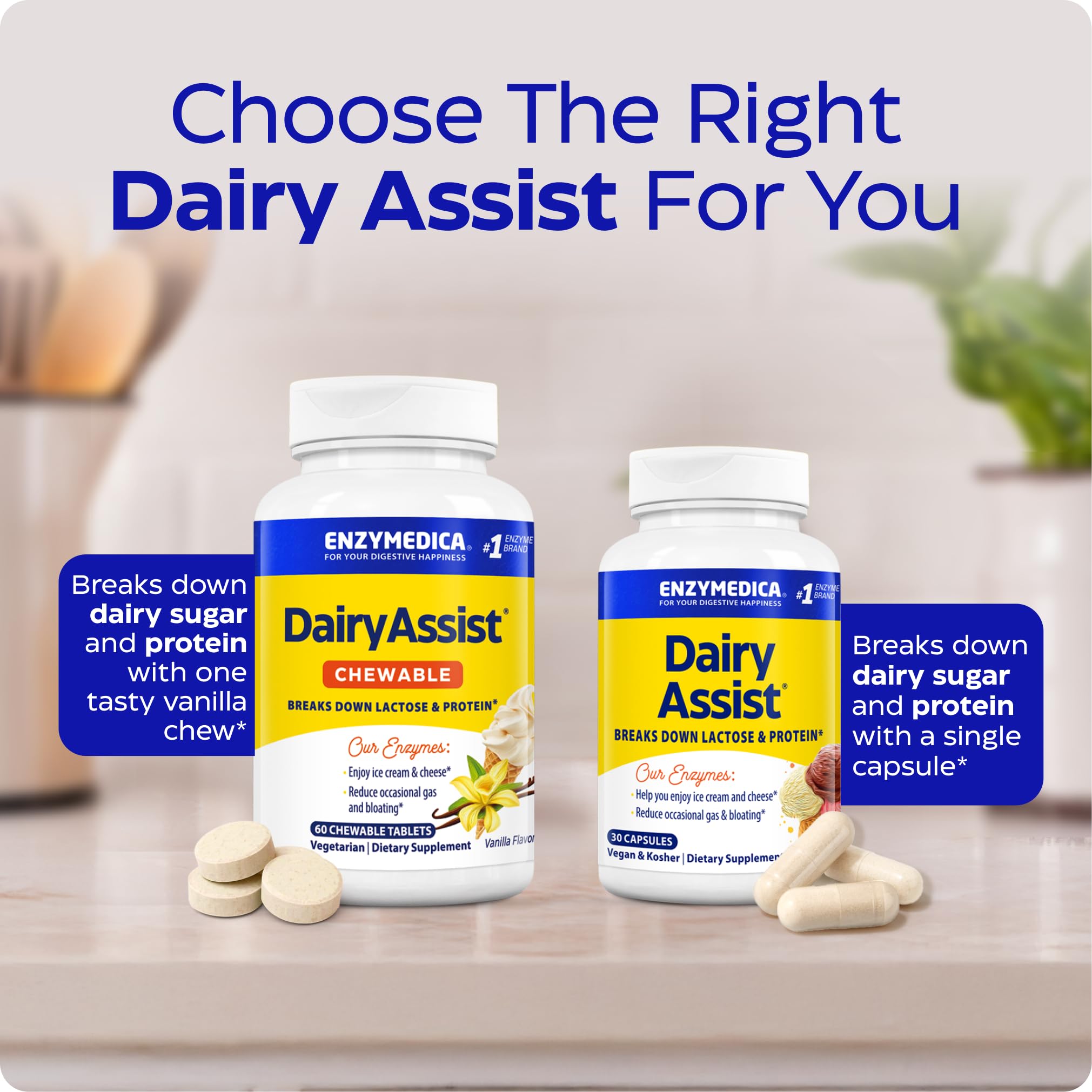 Enzymedica DairyAssist ingredients panel highlighting Thera-Blend technology